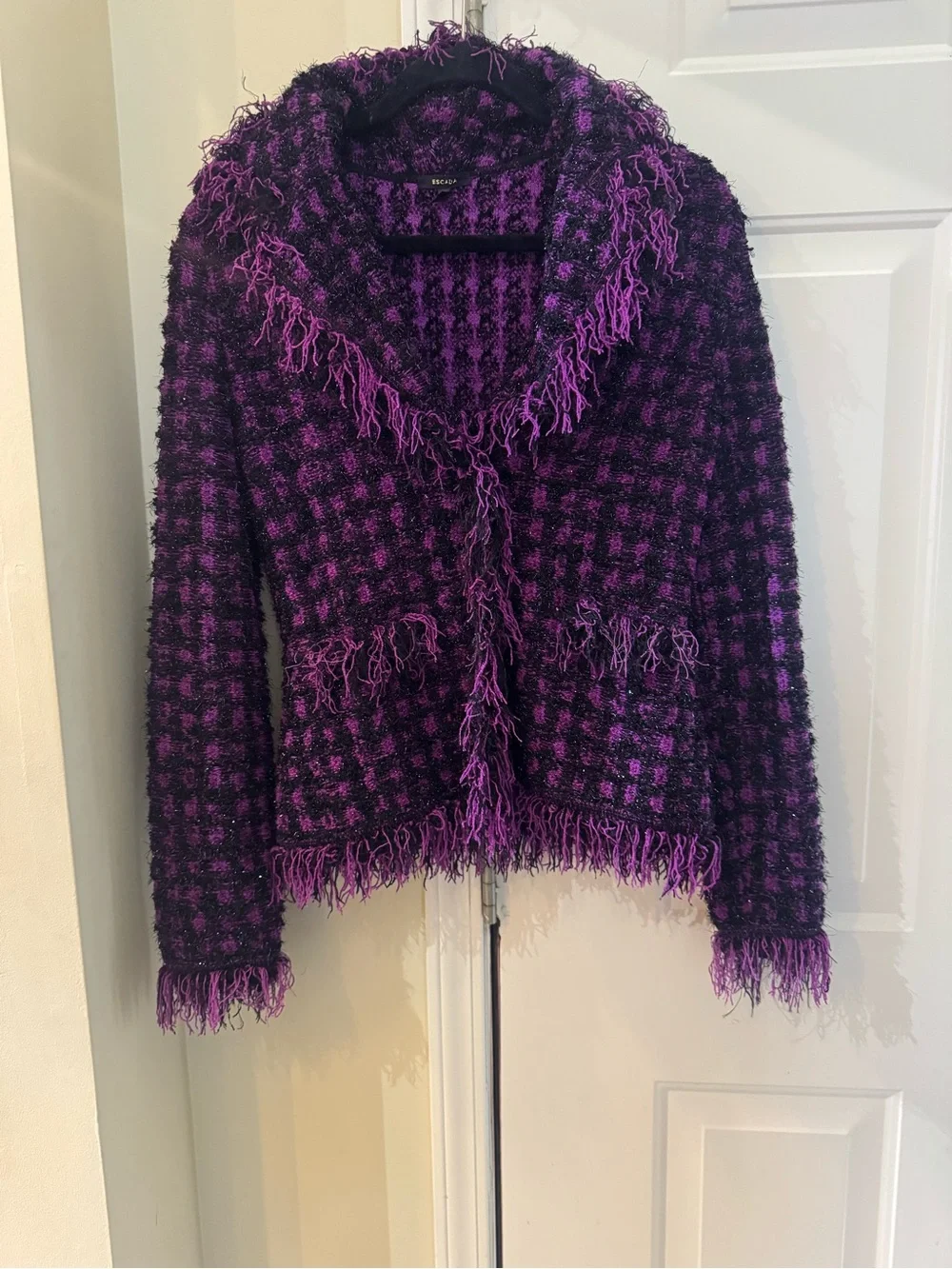 Escada Exclusive Knit & Purple &‎ Black Textured Fringe Cardigan Jacket (38)